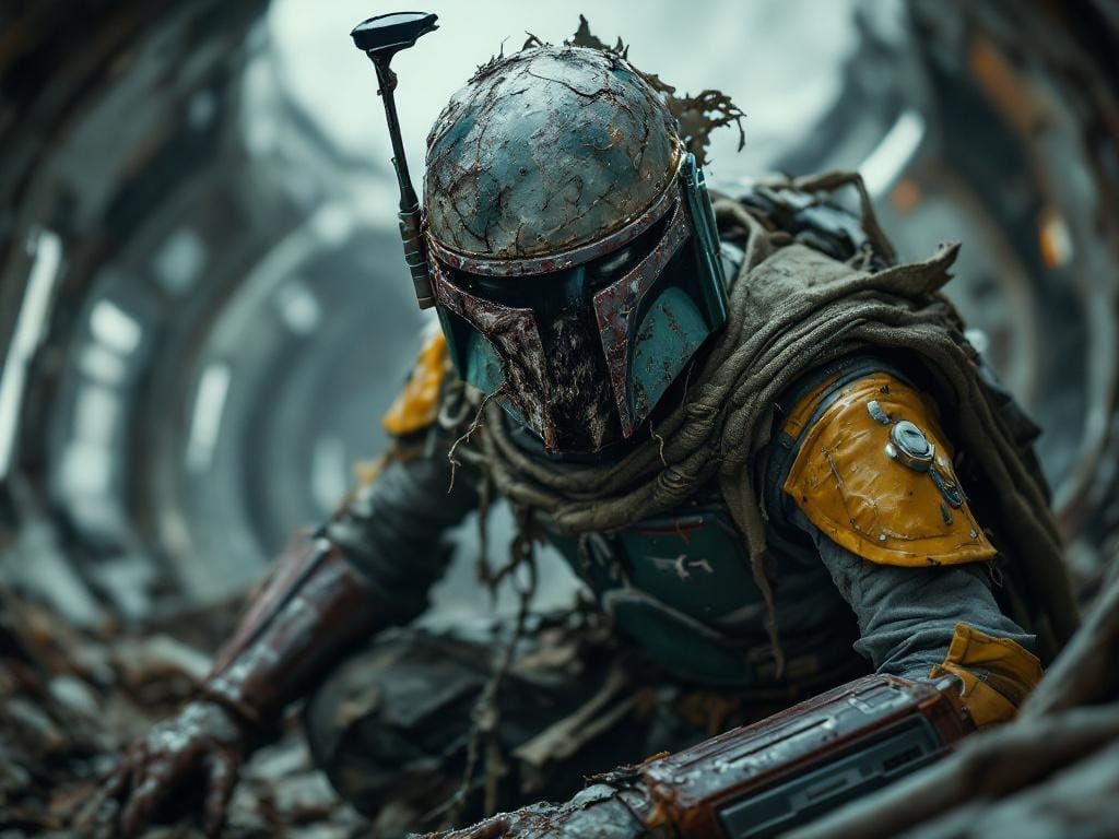 Hyperrealistic Zombie Boba Fett in Destroyed Spaceship