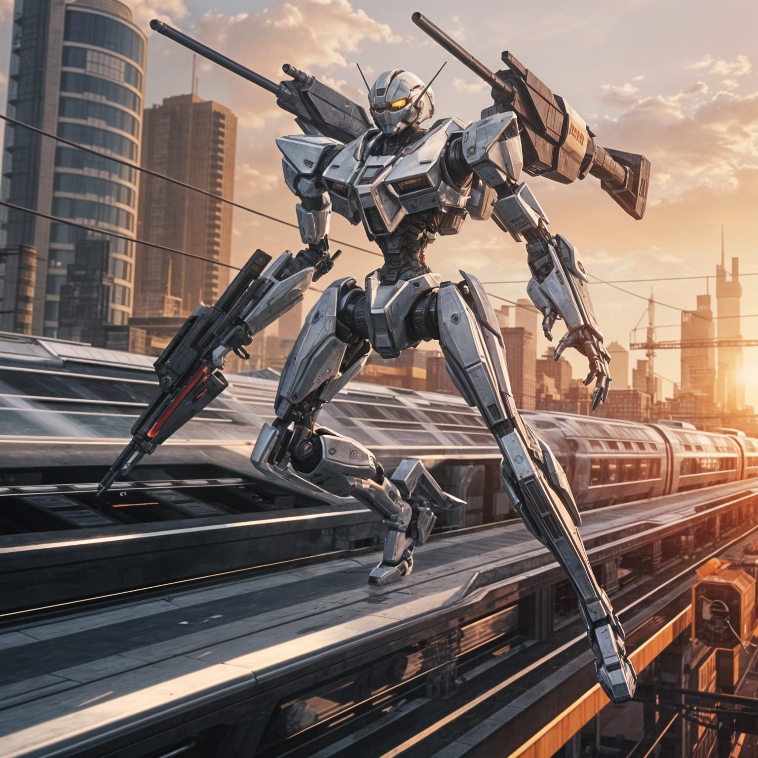 Sleek Armored Core Mech Dominates Cyberpunk Cityscape at Sun...