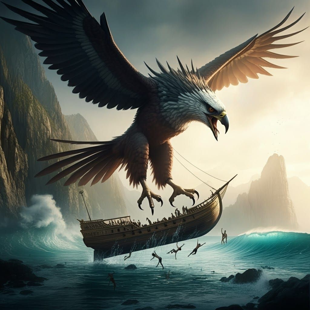 Mythical Roc Soaring With Ship, Fantasy Horror Art