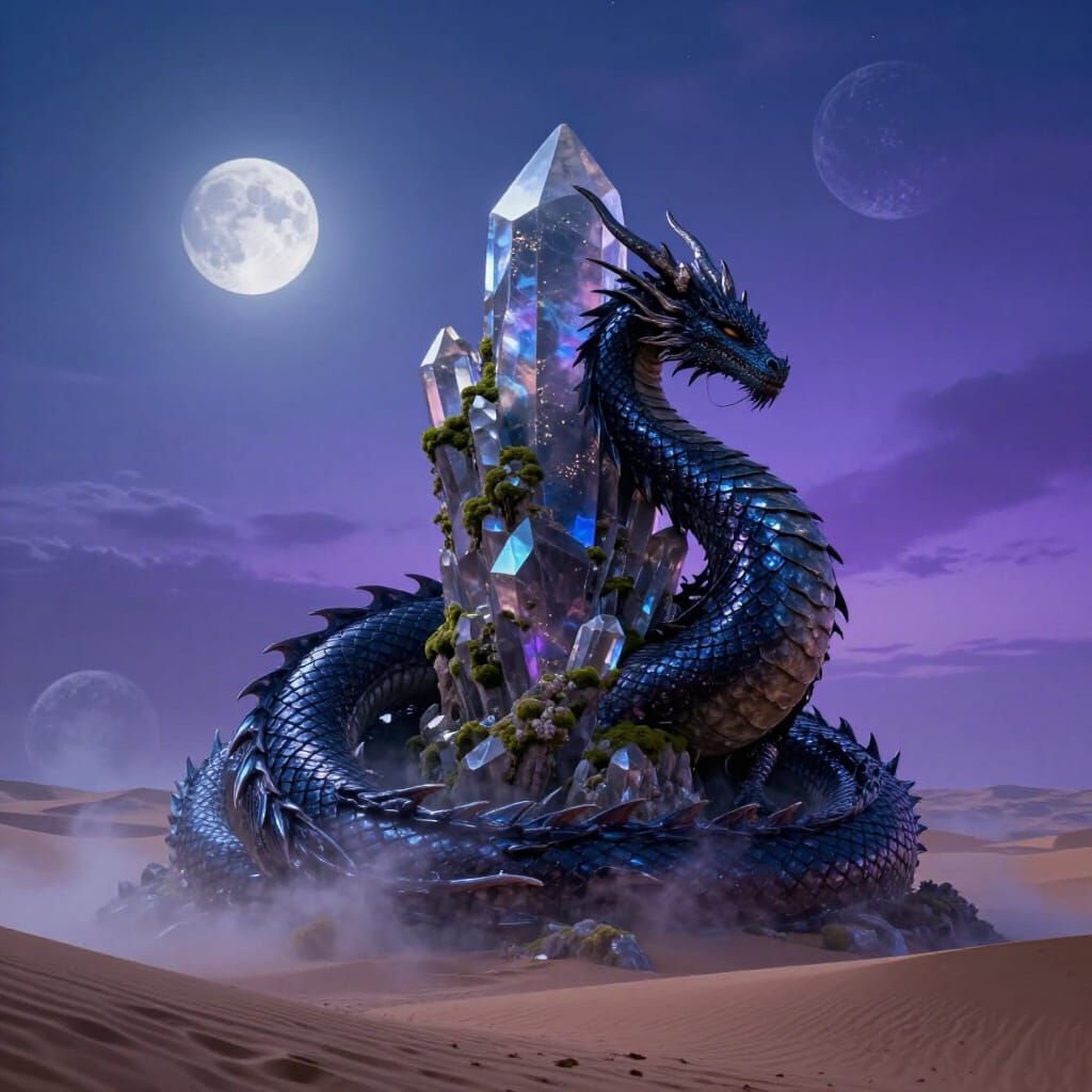 Ancient Obsidian Dragon Sleeps on Crystal Spire
