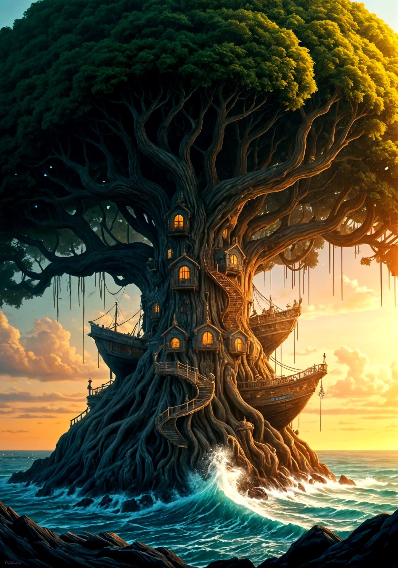 Twisted Tree Home to Pirate Ships at Sunset
