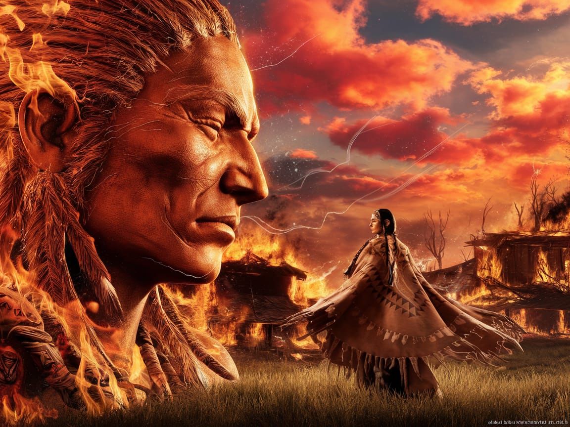 Fiery Native American Warrior in Burning Landscape