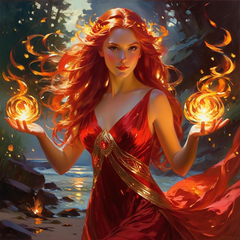Fire Goddess Portrait with Flowing Red Hair