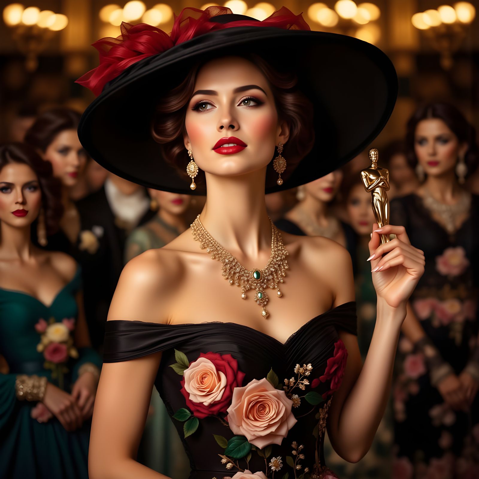 Elegant Actress Receives Oscar in Art Nouveau Style