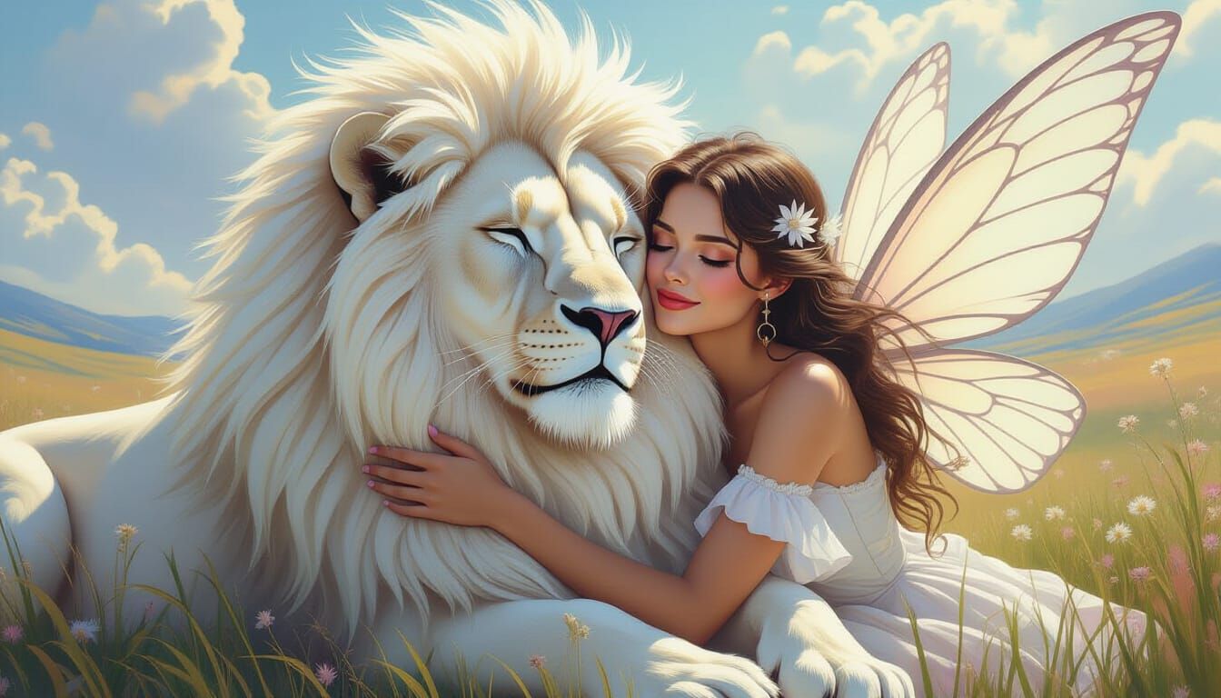 White Lion Cuddled by Fairy in Hypermodern Landscape