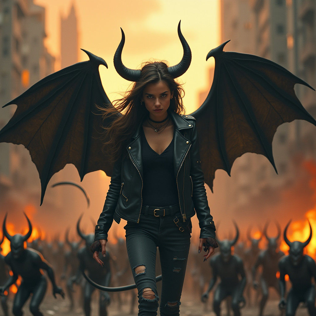 Teen Devil Girl Leads Army in Apocalyptic Landscape