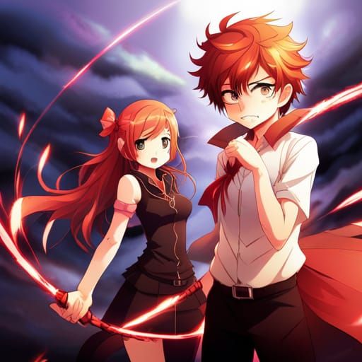 Fiery Anime Girl with Whip and Red-Haired Man