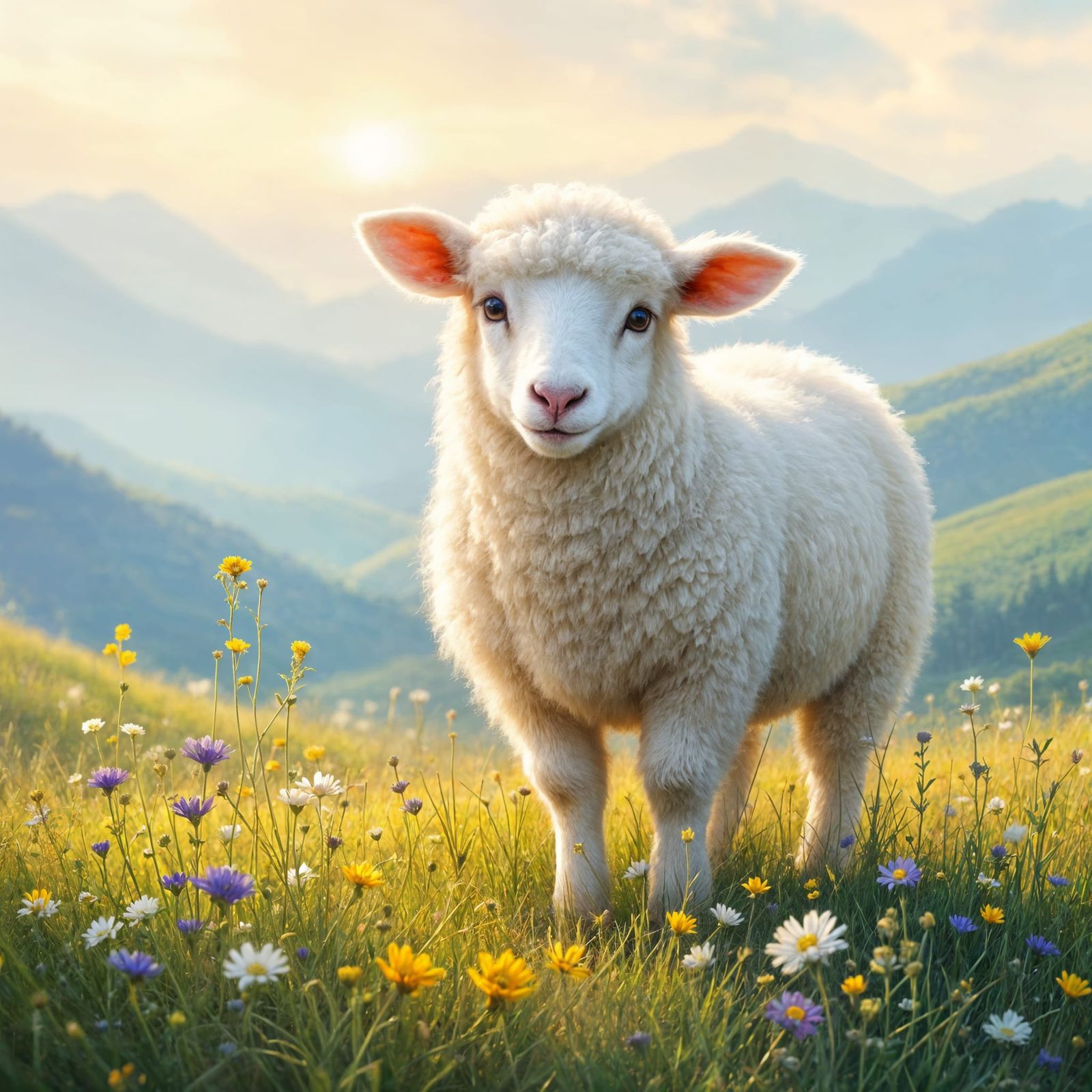 Fluffy Sheep on Sunlit Hill with Wildflowers