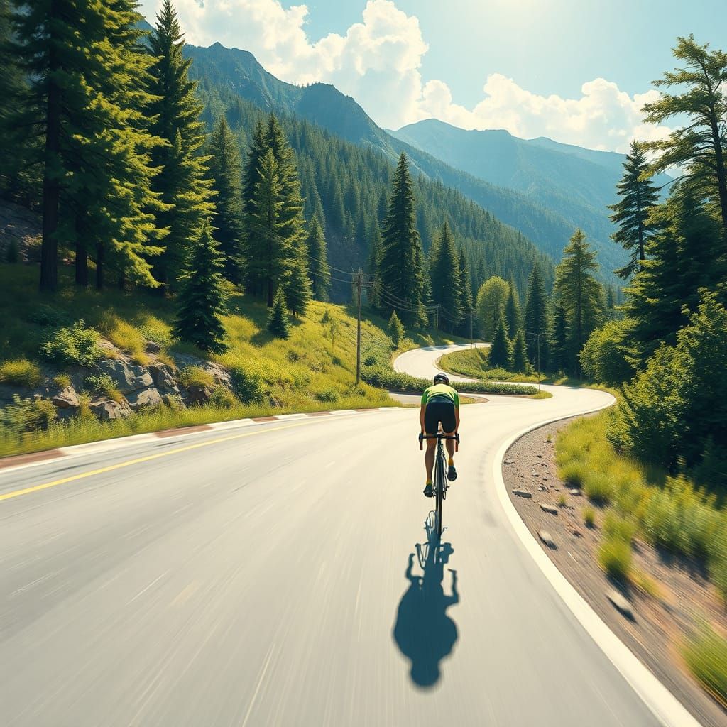 Cyclist on Mountain Road in Futuristic Style