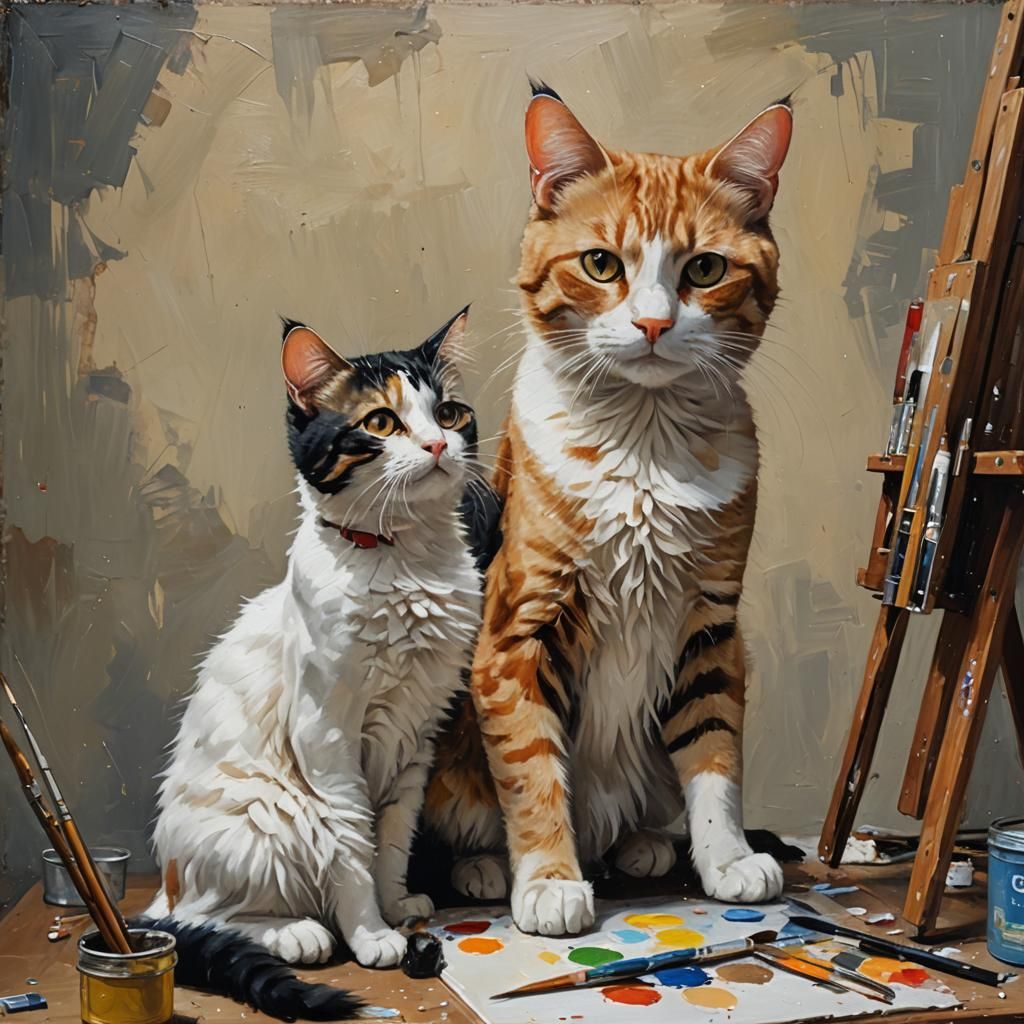Cat Artist Painting Self-Portrait as Oil Painting