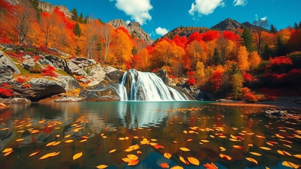 Autumn Waterfall in Hyperrealistic Style