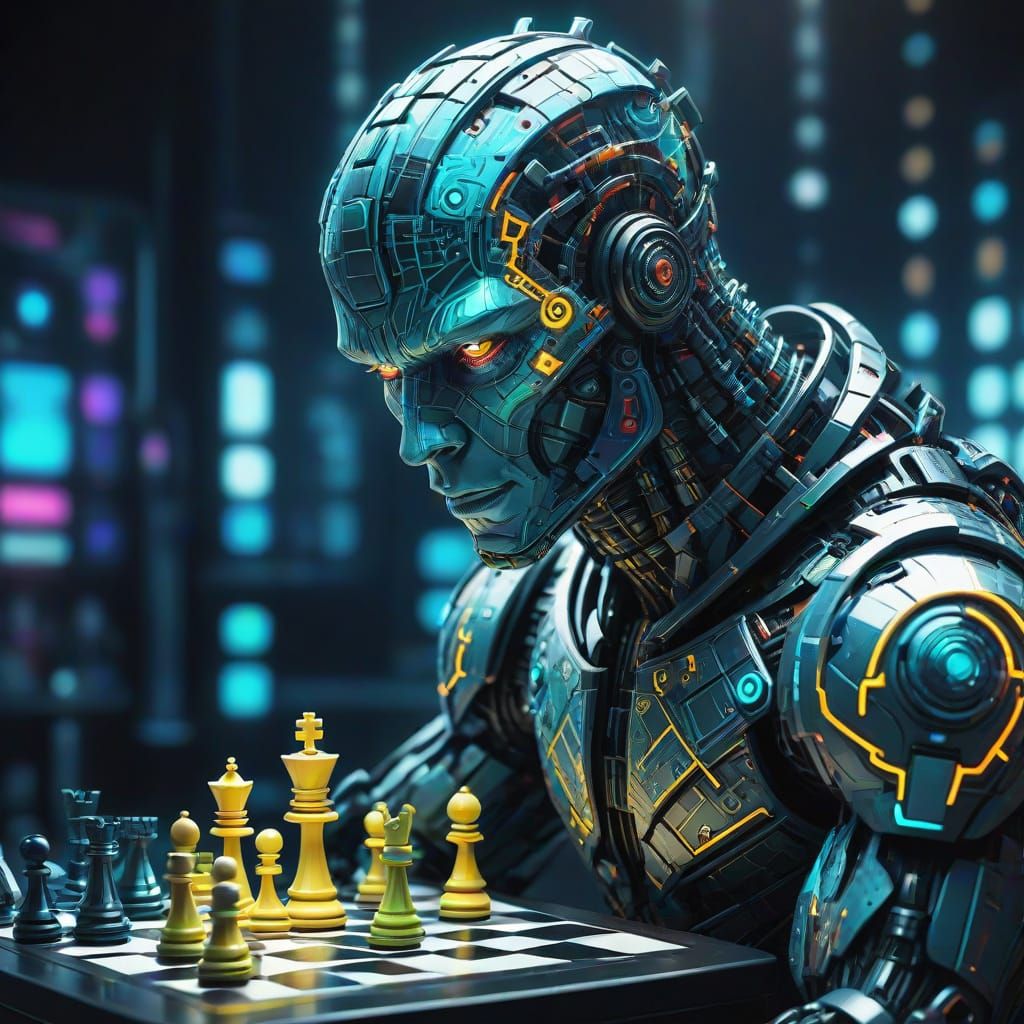 Cyborg in Futuristic Chess Lab