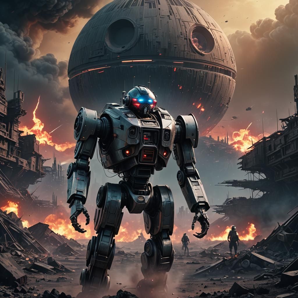 Robot Carrying Death Star in Surreal Sci-Fi Landscape