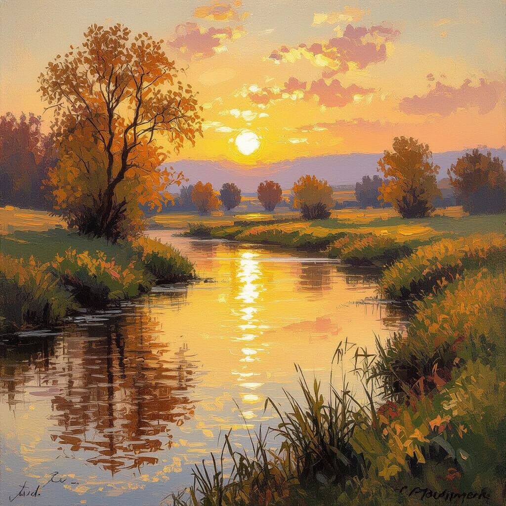 Autumn Valley River at Sunset, Impressionist Oil Painting