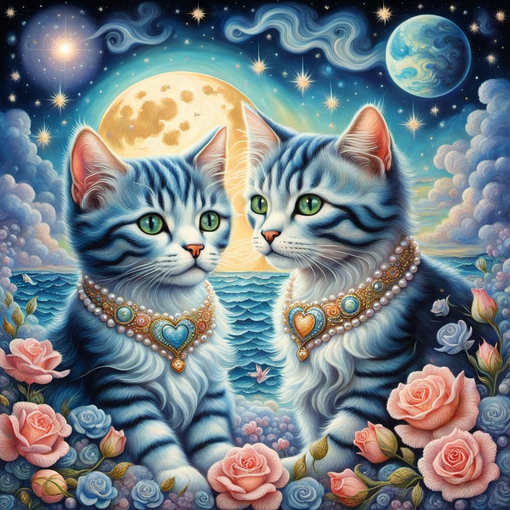 Cosmic Valentine's Day Cats in Josephine Wall Style