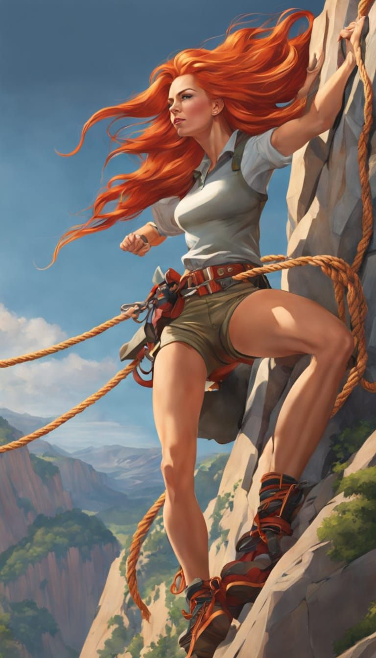 Strong Woman Rock Climbing a Precarious Cliffside