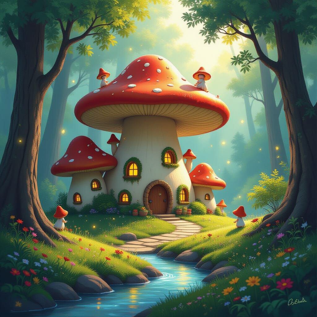 Magical Mushroom Village with Sprites in Forest Clearing