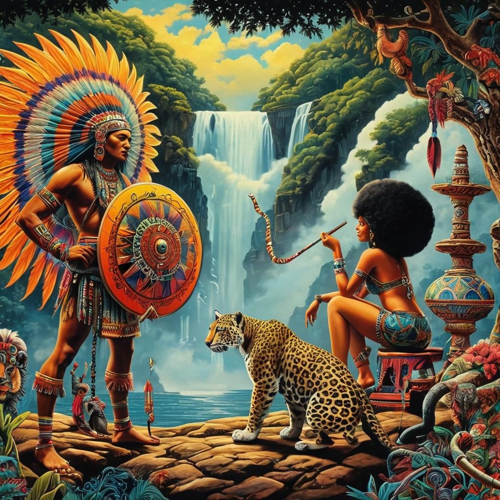 Psychedelic Aztec Warrior with Hookah in Day-Glo Art