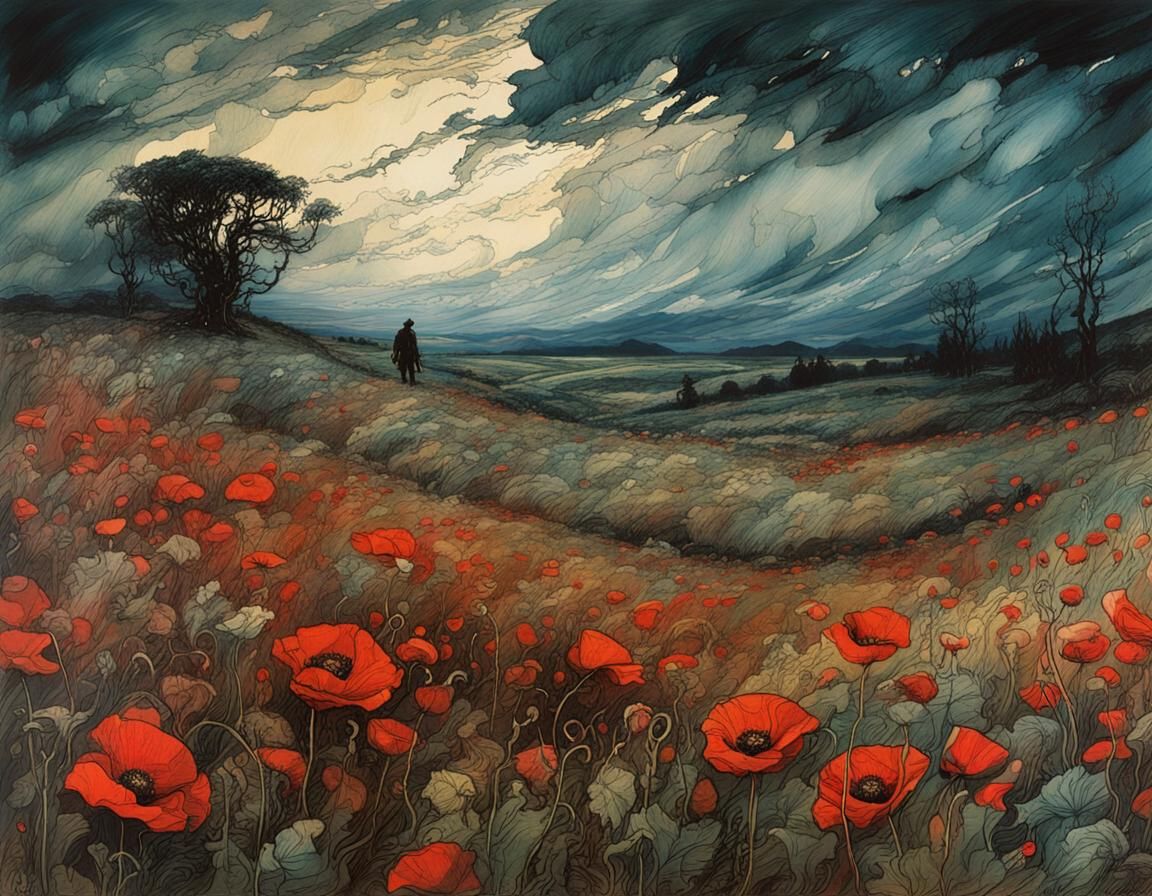 Storm Over Poppy Field in Romantic Style