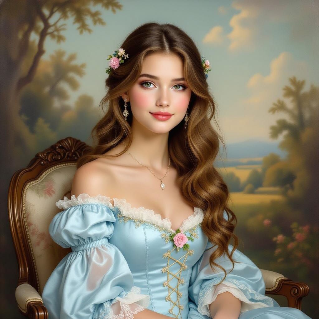 Elegant Young Woman in French Gown Amidst XVIIIth Century La...