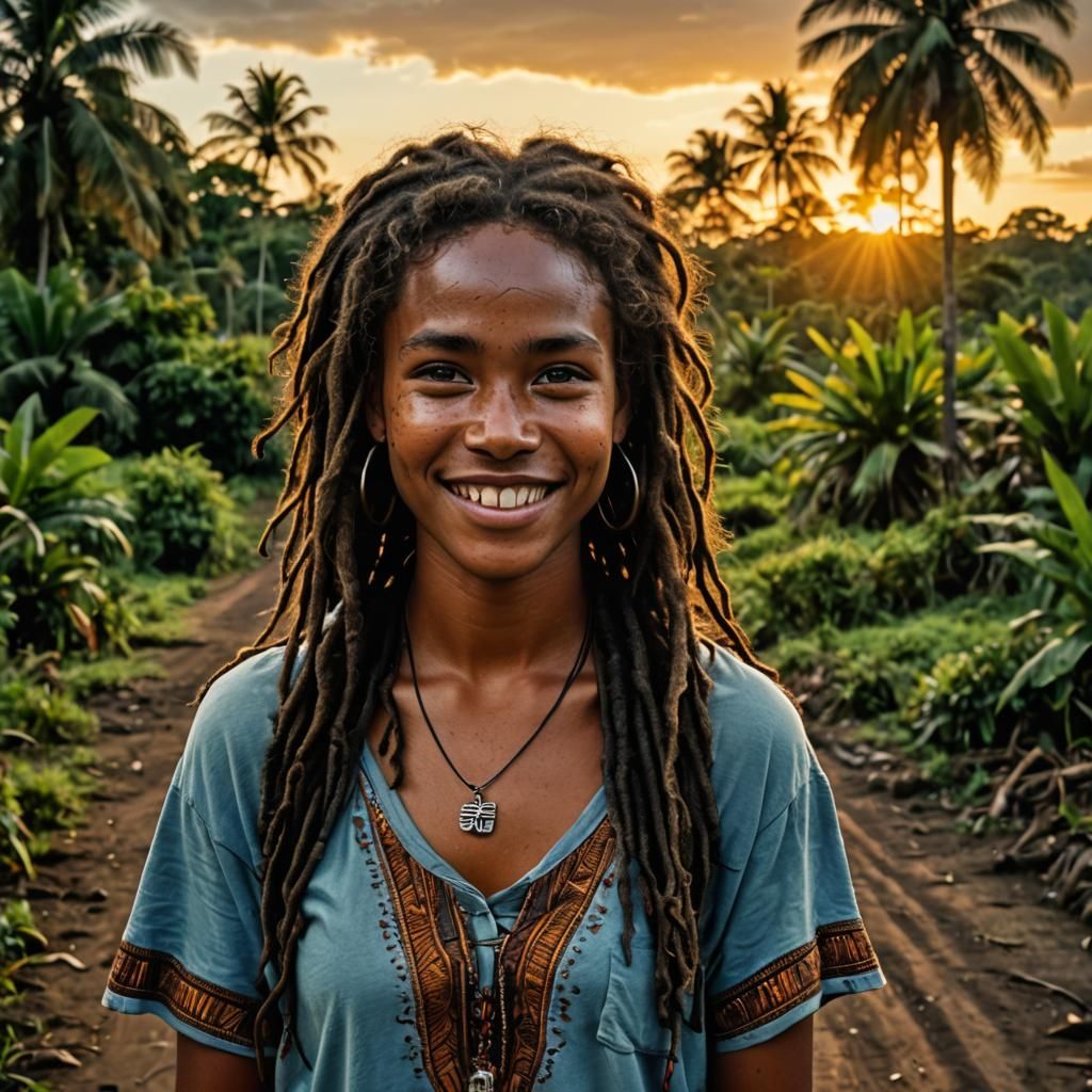 Full body beautiful Papua New Guinean woman with dark dreadlock hair, blue eyes, smiling, 22 years old, outdoor photogra...