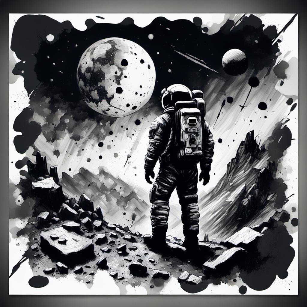 Astronaut on Barren Planet in Abstract Ink Style