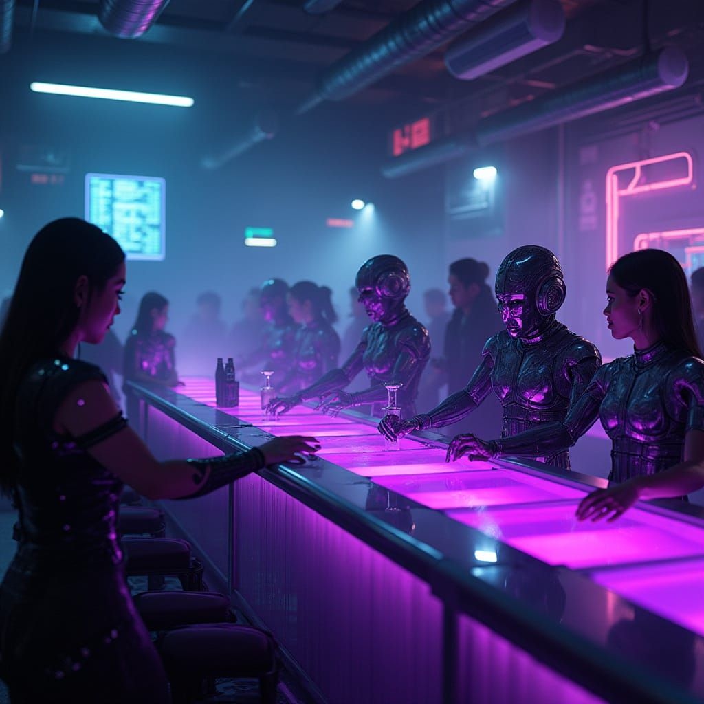 Cyberpunk Bar Interior with Android Bartenders