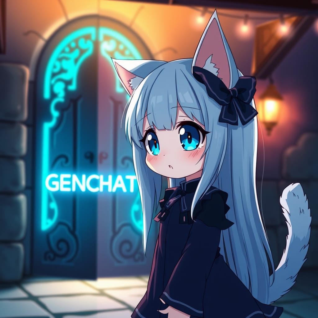 Anime Catgirl Staring at an Illuminating Door