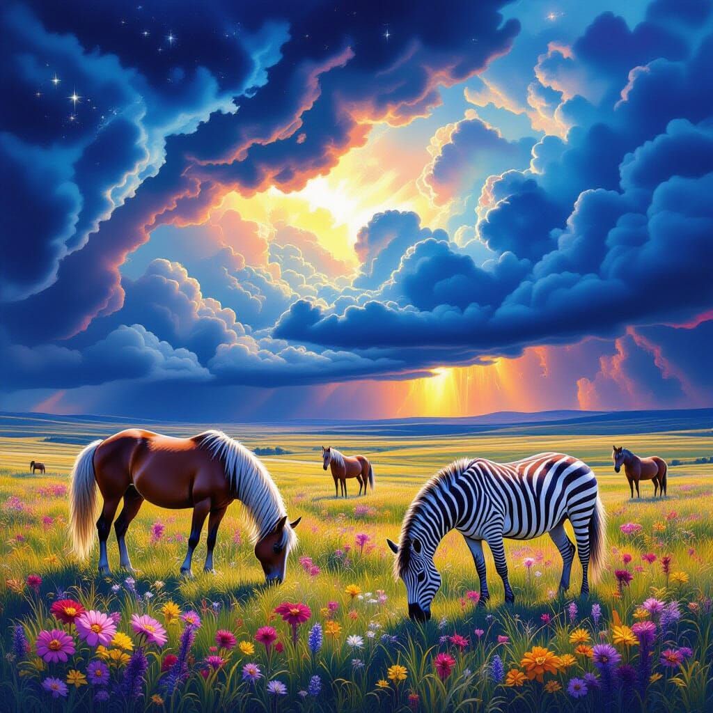 Horses and Zebras in Meadow Before Storm, Astral Cosmic Illu...