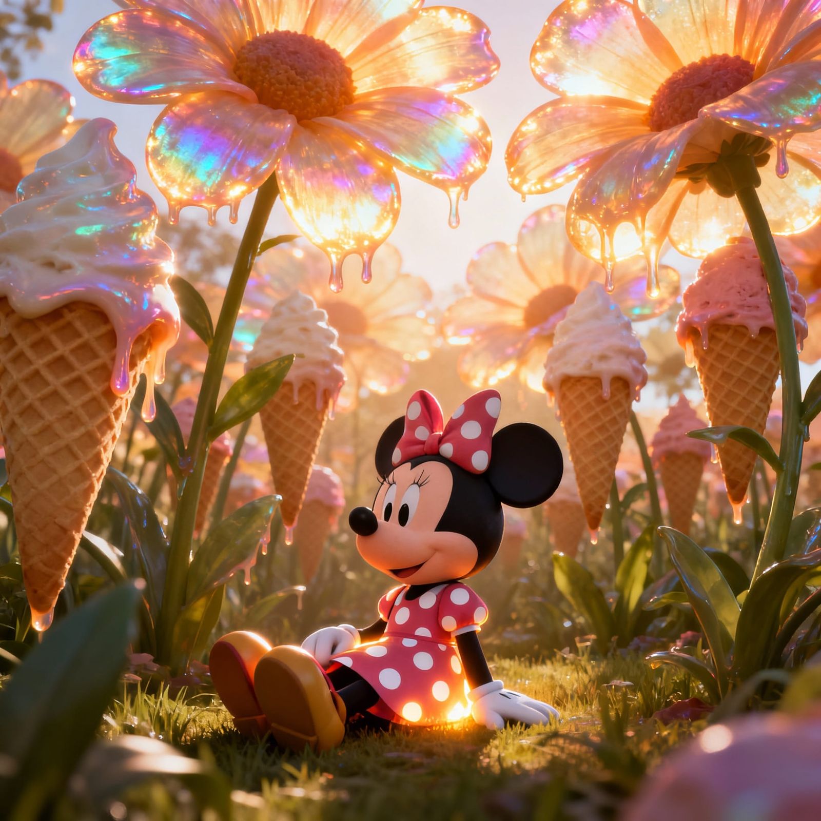 Minnie Mouse Enjoys Giant Ice Cream in Glowing Flower Field