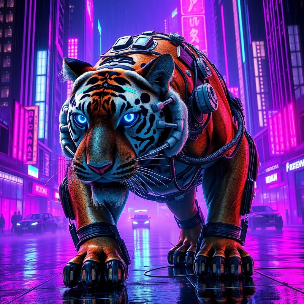 Cybernetic Tiger Roams Neon Metropolis in Cyberpunk Style
