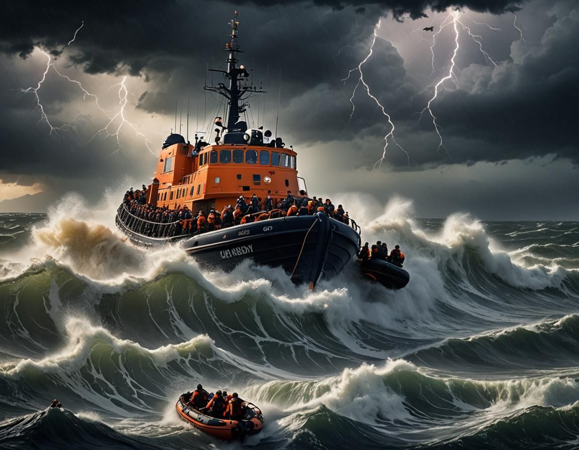 Desperate migrants are pulled from a raging sea onto an already crammed large lifeboat