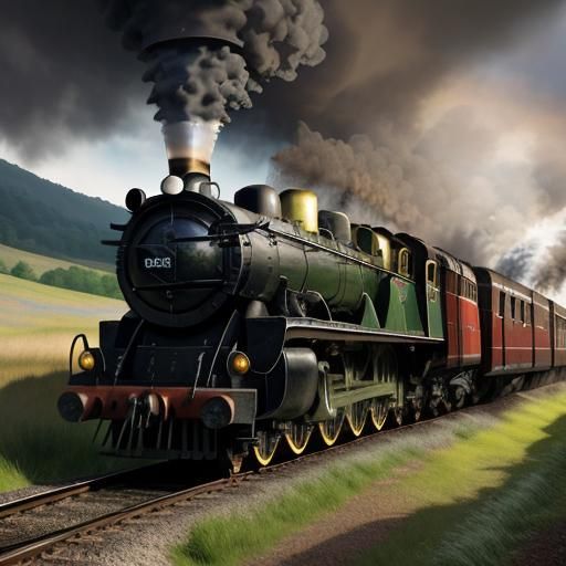 Steam Train in Lush Landscape: Watercolour Painting