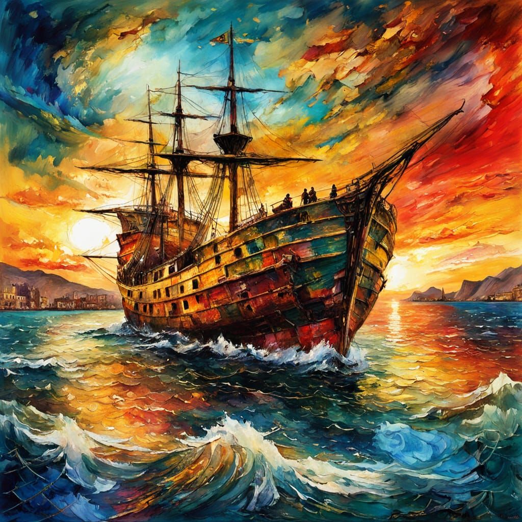 Impressionist Seascape: Greek Ship in Harbour