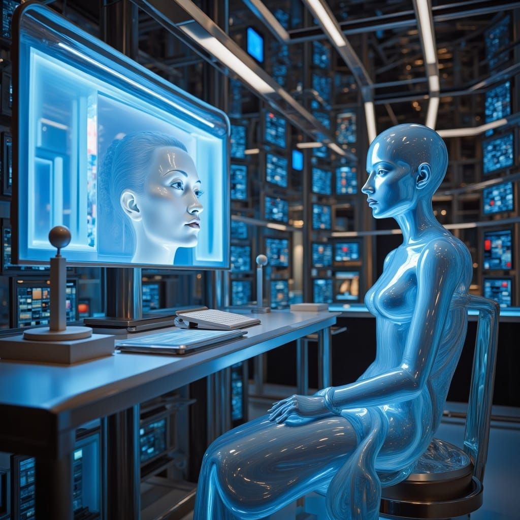 Futuristic Scientist Interacts with Holographic Projection i...