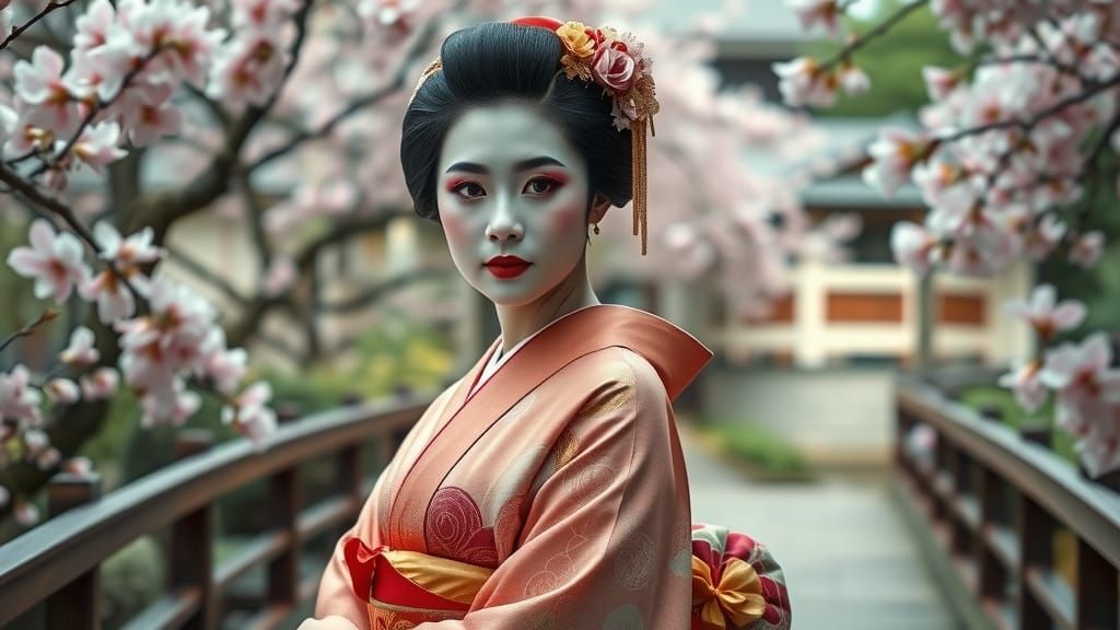 Refined Geisha Portrait in Japanese Garden