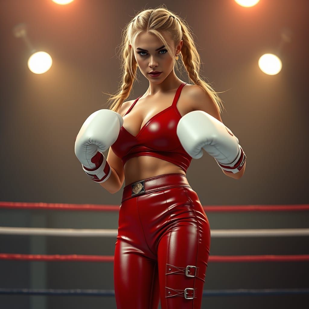 Hyper-Realistic Female Boxer with Braided Pigtails and Red B...