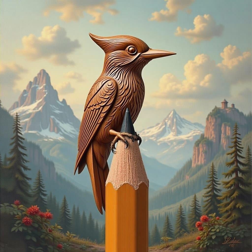 Fantasy Woodpecker Evolving From Pencil, Oil Painting