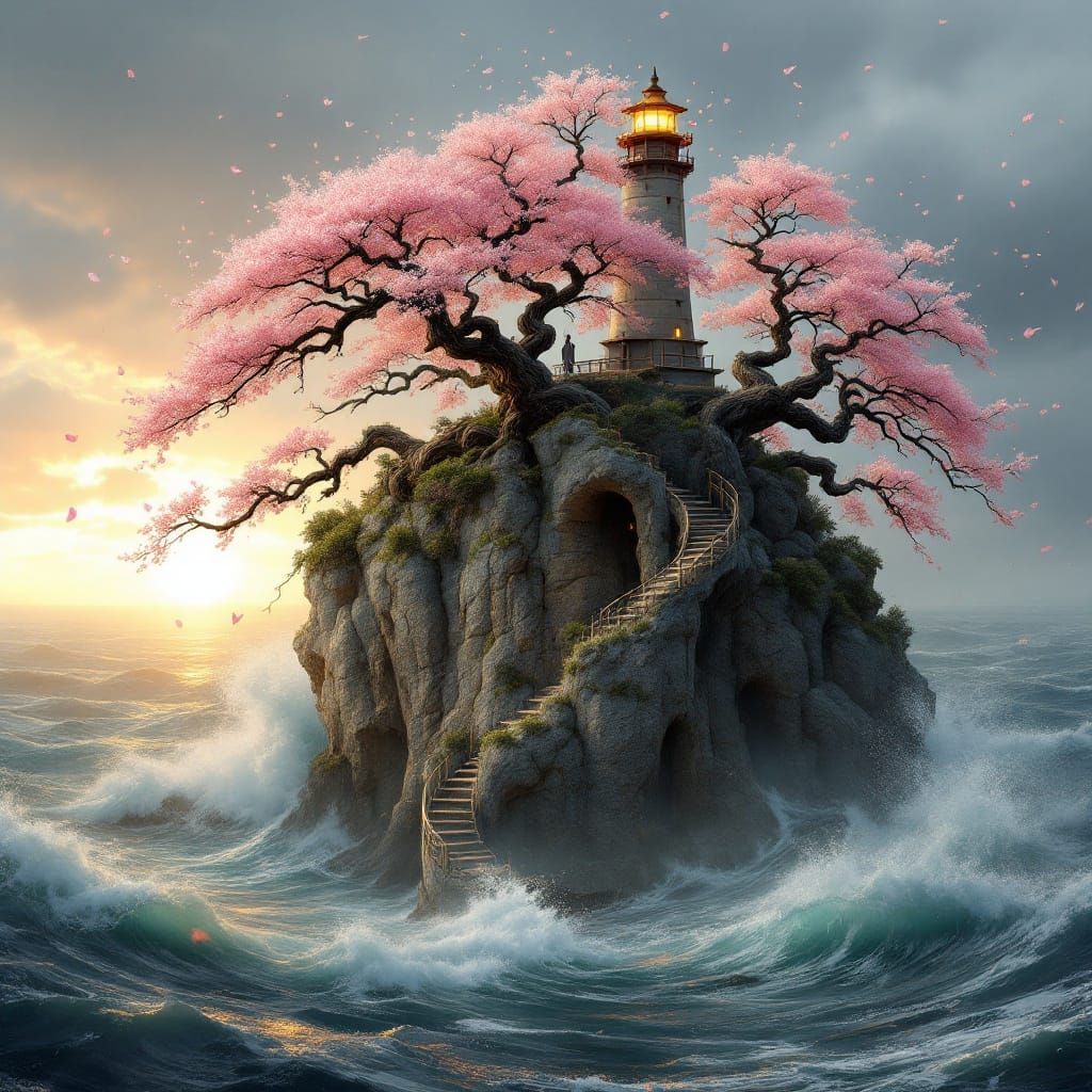 Surreal Japanese Lighthouse Island in Stormy Sea, Cherry Blo...