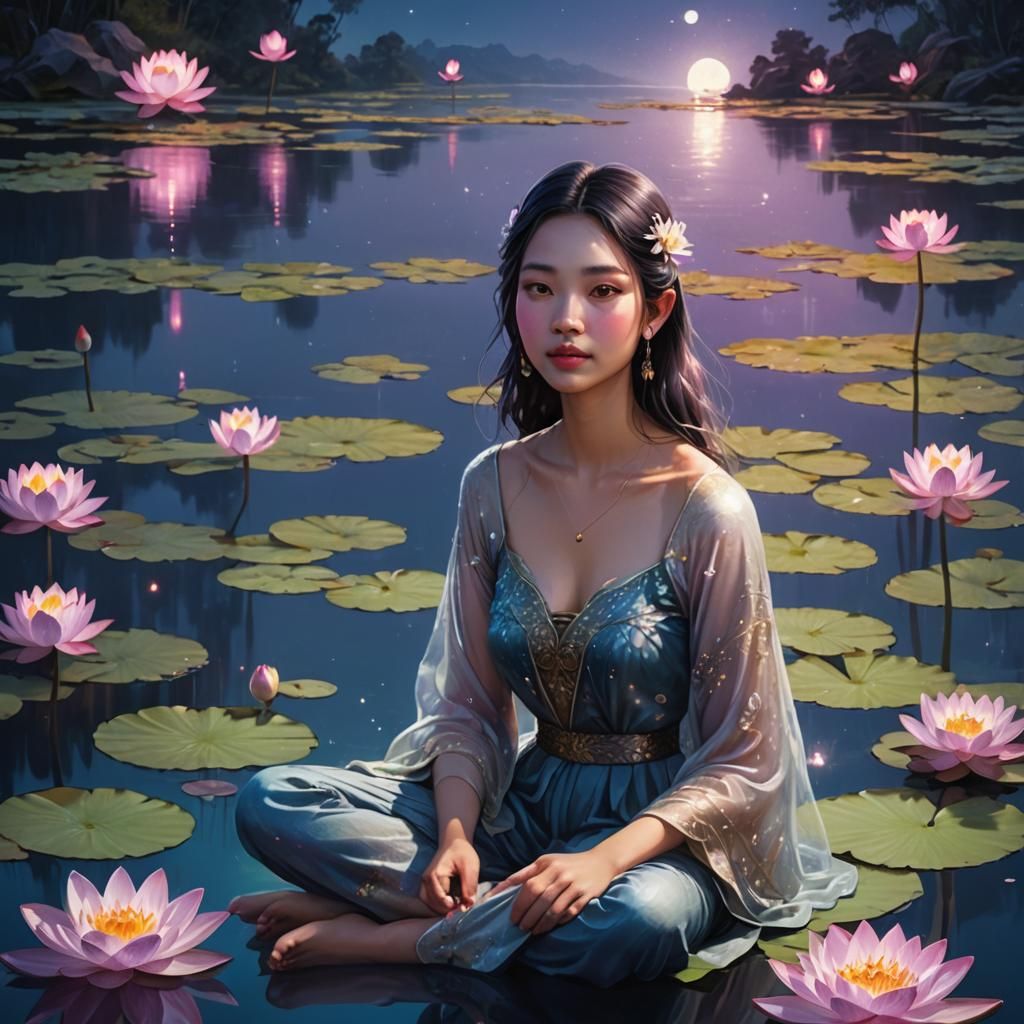 Serene Girl in Lotus Lake: Fantasy Art Nouveau