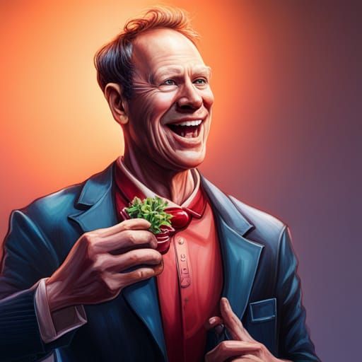 Hyperrealistic Danny Elfman Laughing Eating Salad