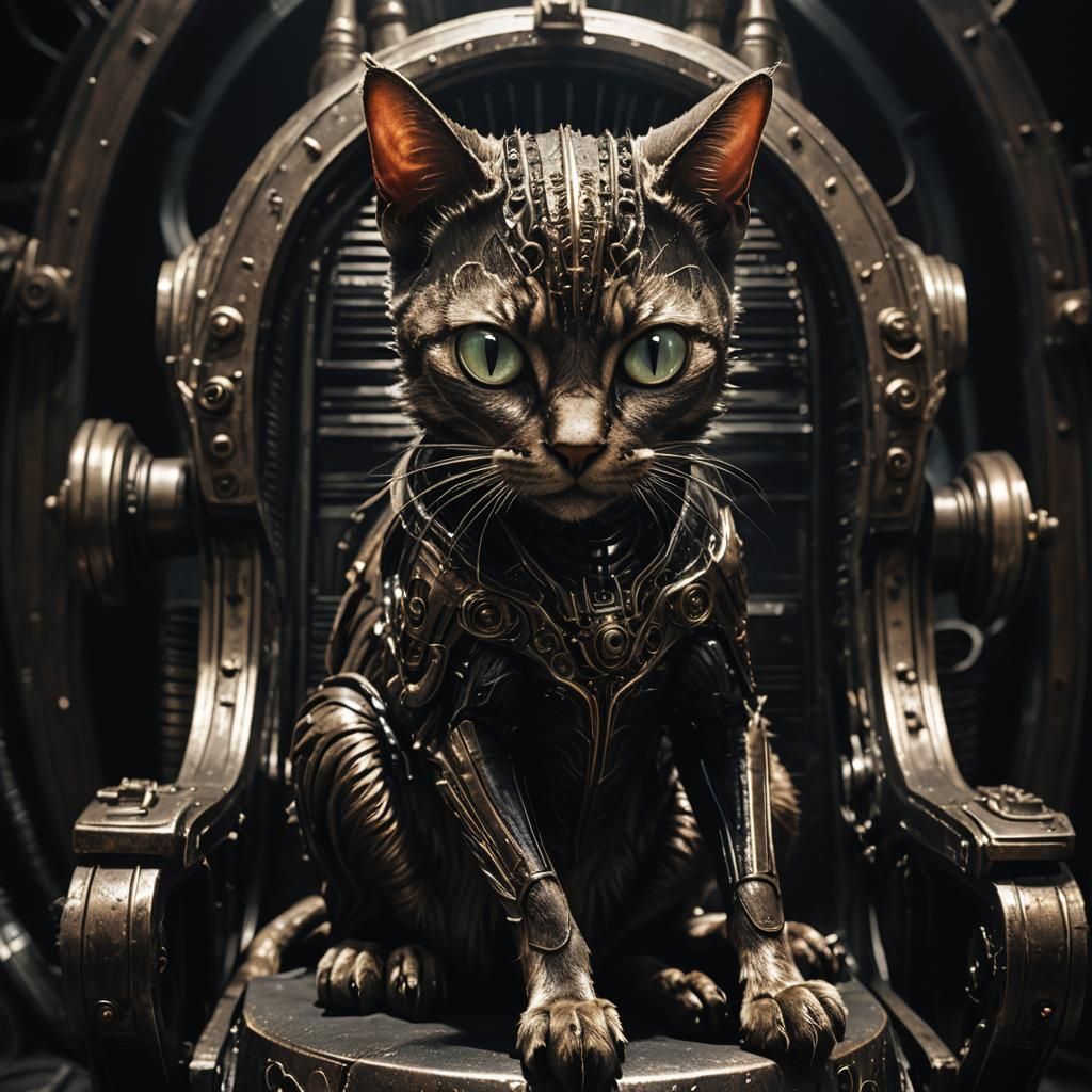 alien cat in the style of H.R. Giger