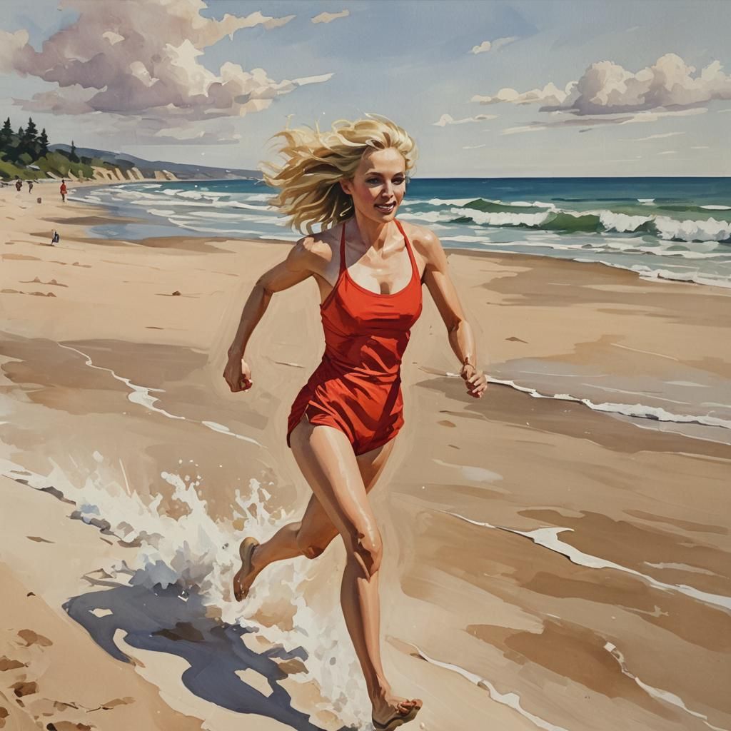 Blond Girl in Red Suit Running on Beach