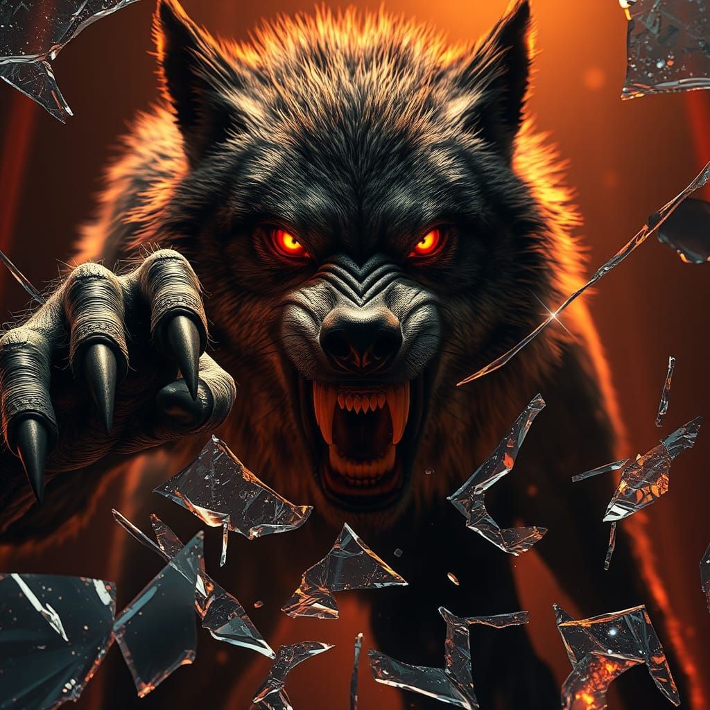 Hyper-Realistic Werewolf Lunging Through Shattered Glass