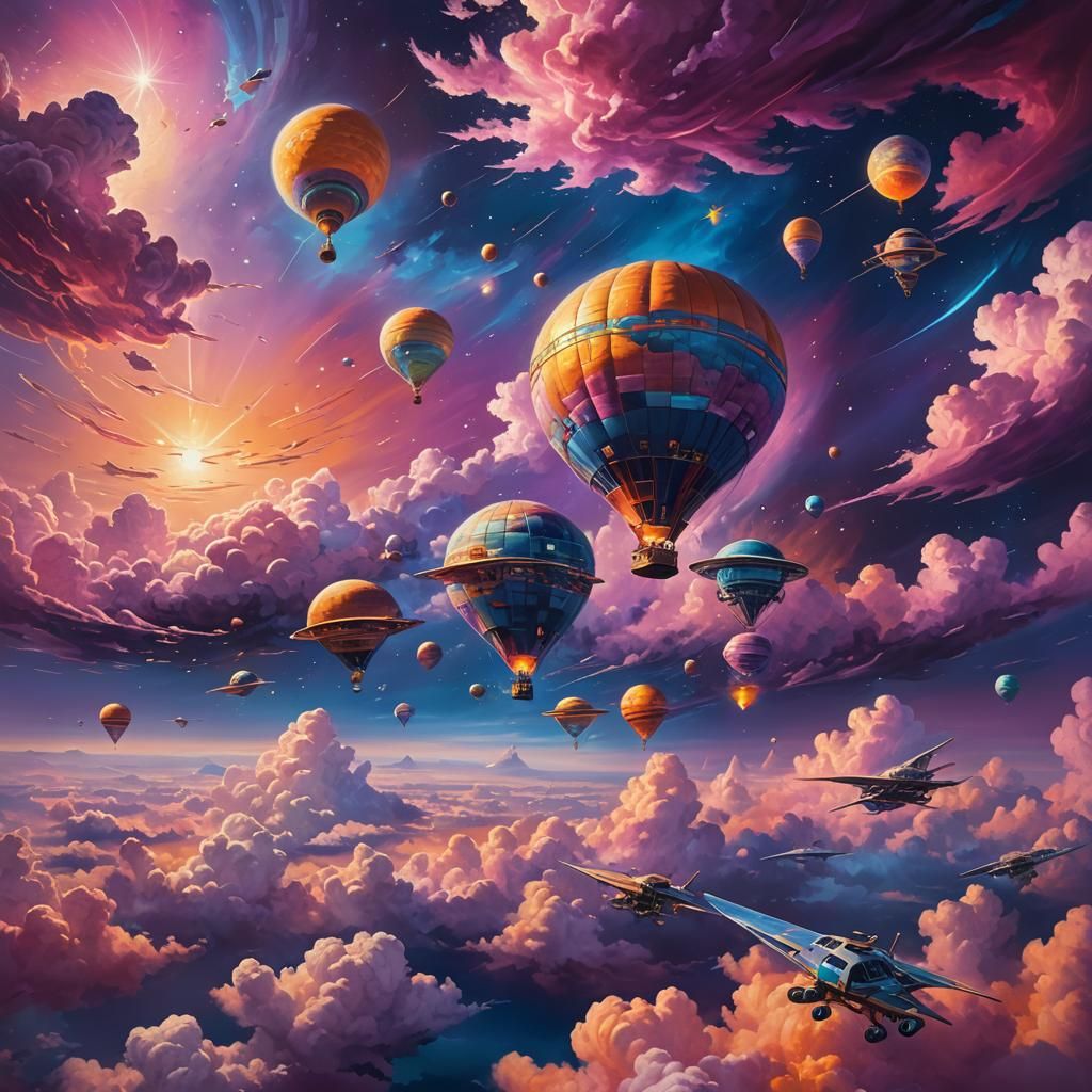 Cosmic Caravan Fleet Traversing a Vibrant Horizon