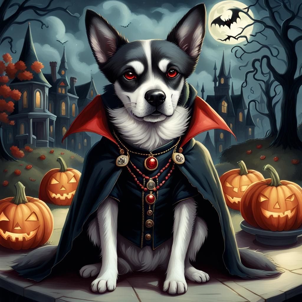 Anthropomorphic dog wearing a vampire costume: anthropomorph...