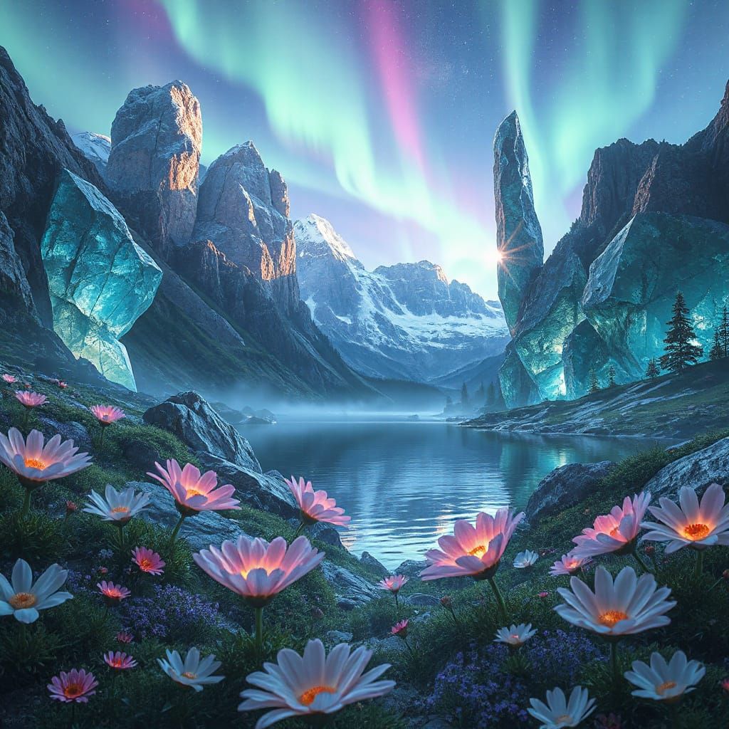 Glowing Crystals in Aurora Valley: WLOP Style