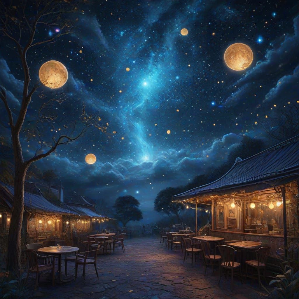 Celestial Cafe Under Starry Sky with Cosmic Coffee Foam