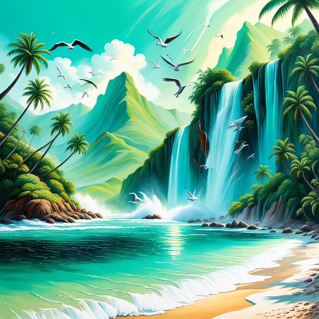 Turquoise Waterfall on Circular Beach in Realistic 3D