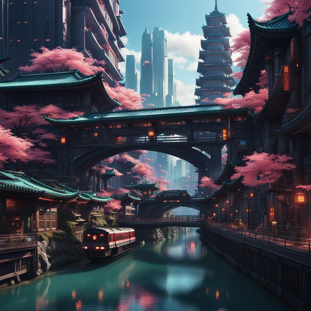 Utopian Oriental City of the Future in Retro Sci-Fi Style